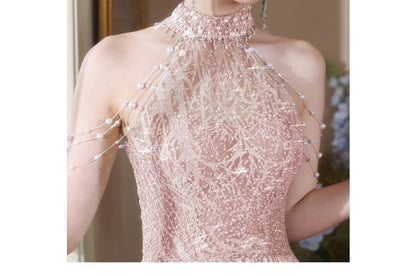 Halter Mock Neck Faux Pearl Fringed Cutout Back A-Line Evening Gown