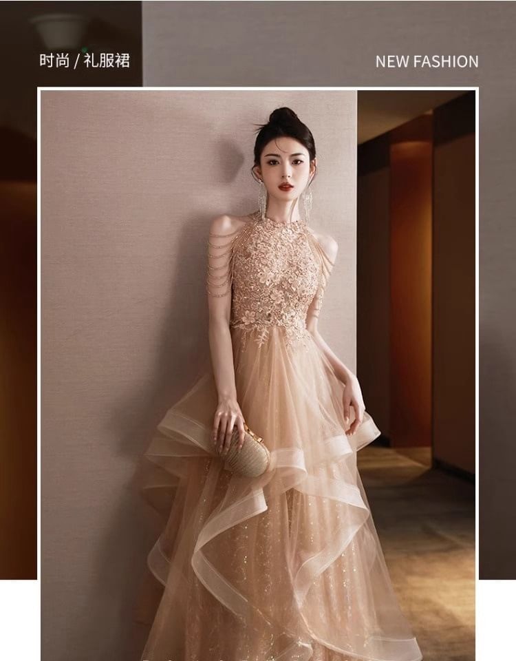 Gown Evening Neck Sequin Halter Floral Fringed Layered A-Line