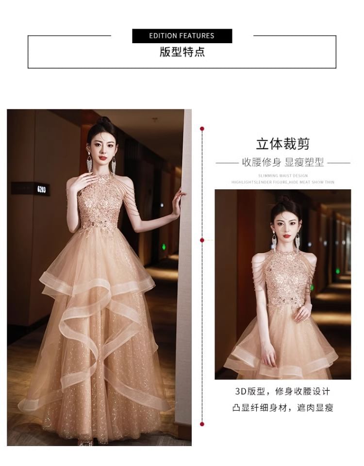 Halter Neck Floral Sequin Fringed Layered A-Line Evening Gown