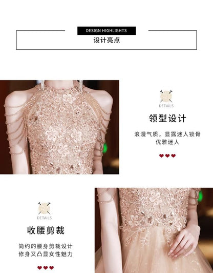 Halter Neck Floral Sequin Fringed Layered A-Line Evening Gown