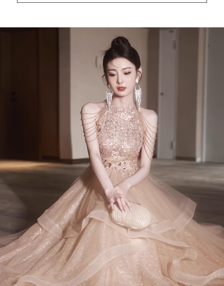 Halter Neck Floral Sequin Fringed Layered A-Line Evening Gown