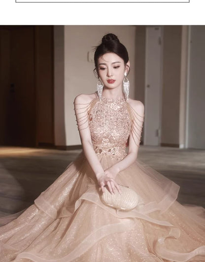 Halter Neck Floral Sequin Fringed Layered A-Line Evening Gown