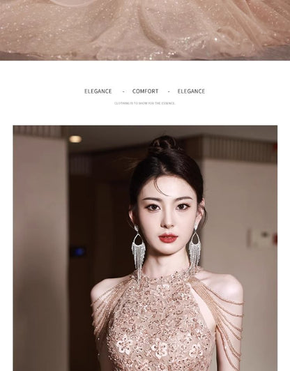 Halter Neck Floral Sequin Fringed Layered A-Line Evening Gown