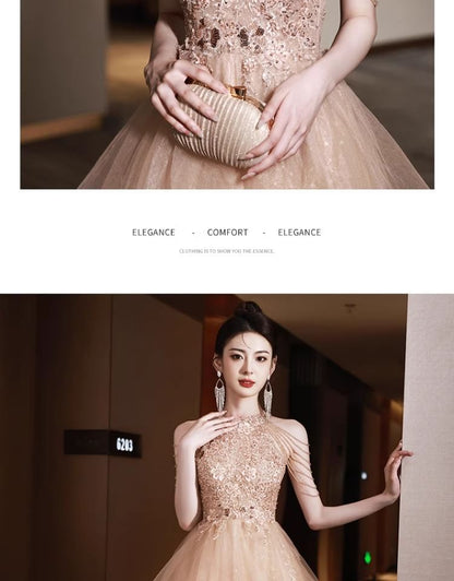 Halter Neck Floral Sequin Fringed Layered A-Line Evening Gown