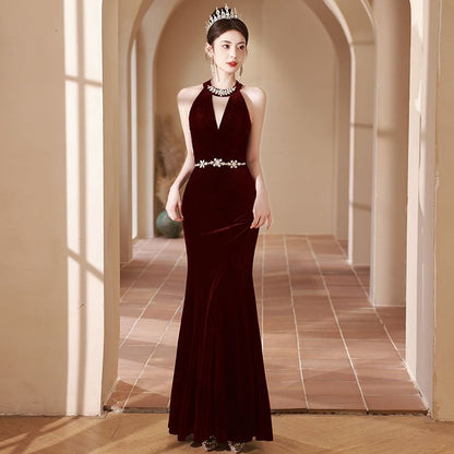 Halter Neck Rhinestone Accent Cutout Mermaid Evening Dress