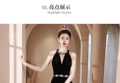 Halter Neck Rhinestone Accent Cutout Mermaid Evening Dress