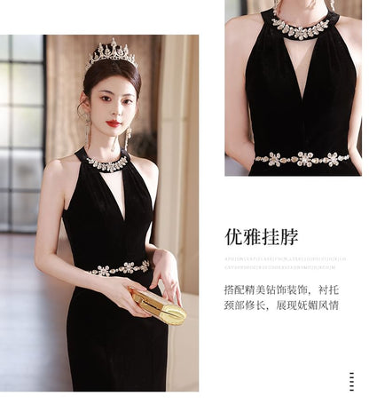 Halter Neck Rhinestone Accent Cutout Mermaid Evening Dress