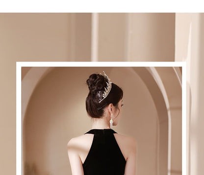 Halter Neck Rhinestone Accent Cutout Mermaid Evening Dress