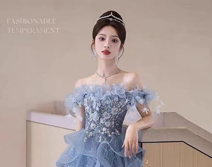 Off-Shoulder Floral Sequin Ruffle A-Line Evening Gown