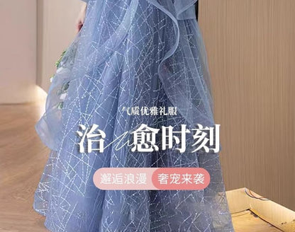 Off-Shoulder Floral Sequin Ruffle A-Line Evening Gown