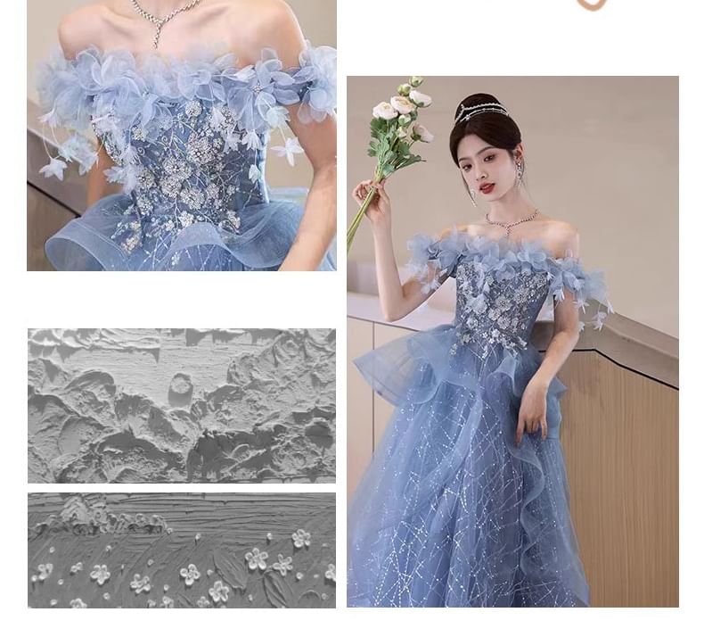 Off-Shoulder Floral Sequin Ruffle A-Line Evening Gown