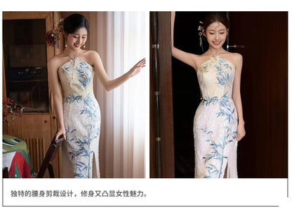 Halter Neck Bamboo Embroidered Sequin Slit Mermaid Evening Dress