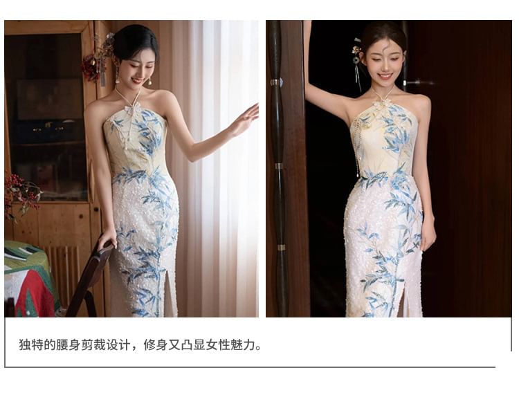 Halter Neck Bamboo Embroidered Sequin Slit Mermaid Evening Dress