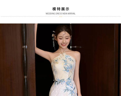 Halter Neck Bamboo Embroidered Sequin Slit Mermaid Evening Dress