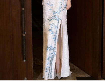 Halter Neck Bamboo Embroidered Sequin Slit Mermaid Evening Dress