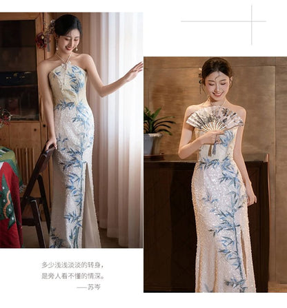 Halter Neck Bamboo Embroidered Sequin Slit Mermaid Evening Dress