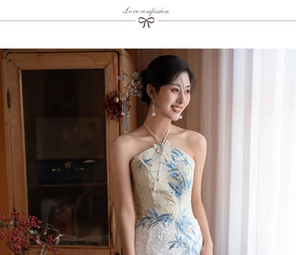 Halter Neck Bamboo Embroidered Sequin Slit Mermaid Evening Dress