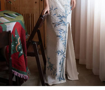 Halter Neck Bamboo Embroidered Sequin Slit Mermaid Evening Dress