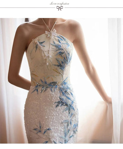 Halter Neck Bamboo Embroidered Sequin Slit Mermaid Evening Dress