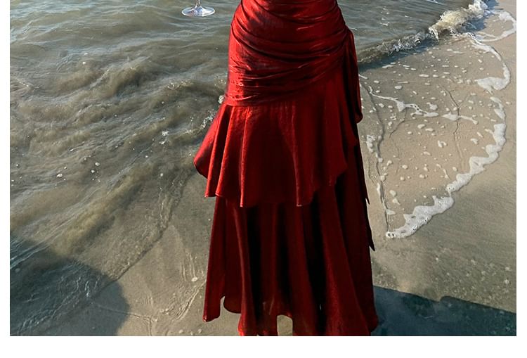 Glitter Ruffle Trim Maxi A-Line Dress Sweetheart Neck