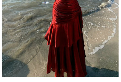 Glitter Ruffle Trim Maxi A-Line Dress Sweetheart Neck