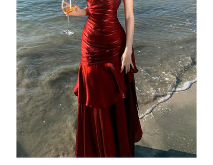 Glitter Ruffle Trim Maxi A-Line Dress Sweetheart Neck