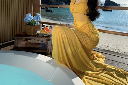 Asymmetric V-Neck Maxi A-Line Dress with Spaghetti Straps