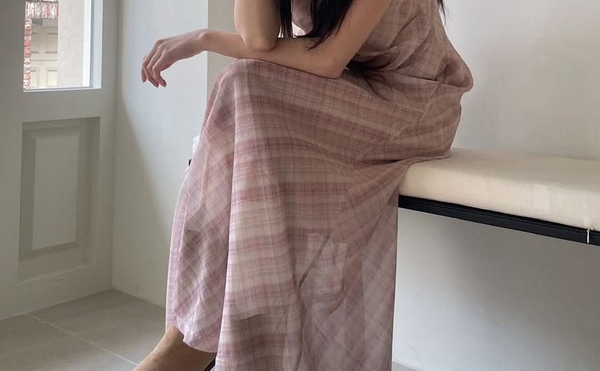 V-Neck Plaid Maxi Dress with Spaghetti Straps