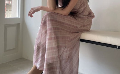 V-Neck Plaid Maxi Dress with Spaghetti Straps