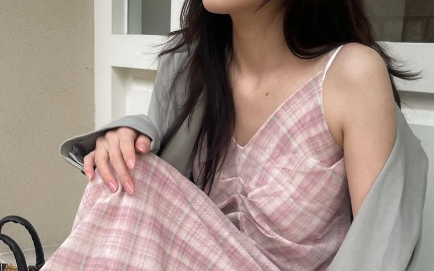 V-Neck Plaid Maxi Dress with Spaghetti Straps