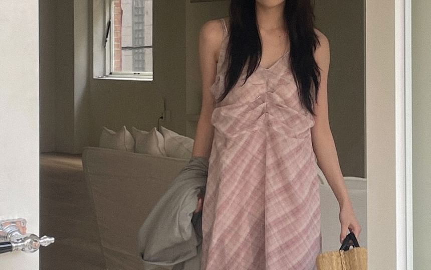V-Neck Plaid Maxi Dress with Spaghetti Straps