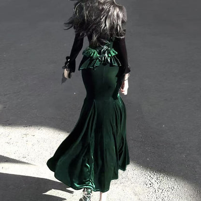 Velvet Shrug and Lace Panel Ruffle Trim Mermaid Dress Set