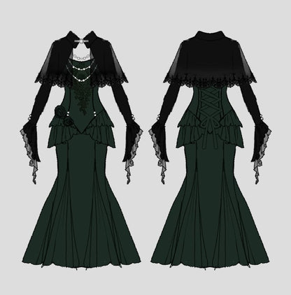 Velvet Shrug and Lace Panel Ruffle Trim Mermaid Dress Set