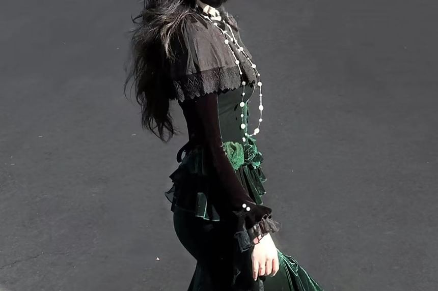 Velvet Shrug and Lace Panel Ruffle Trim Mermaid Dress Set