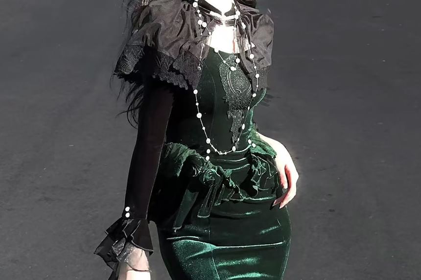 Velvet Shrug and Lace Panel Ruffle Trim Mermaid Dress Set