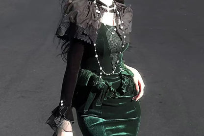 Velvet Shrug and Lace Panel Ruffle Trim Mermaid Dress Set