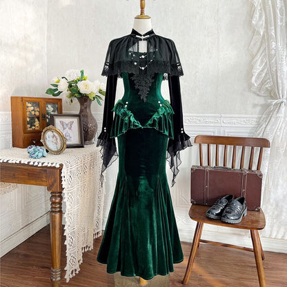Velvet Shrug and Lace Panel Ruffle Trim Mermaid Dress Set