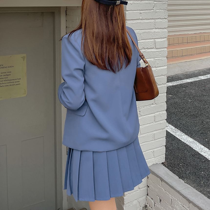 Plus Size V-Neck Plain Button Vest / V-Neck Open Front Blazer / High Waist Pleated Mini A-Line Skirt / Set