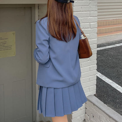 Plus Size V-Neck Plain Button Vest / V-Neck Open Front Blazer / High Waist Pleated Mini A-Line Skirt / Set