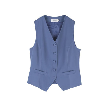 Plus Size V-Neck Plain Button Vest / V-Neck Open Front Blazer / High Waist Pleated Mini A-Line Skirt / Set