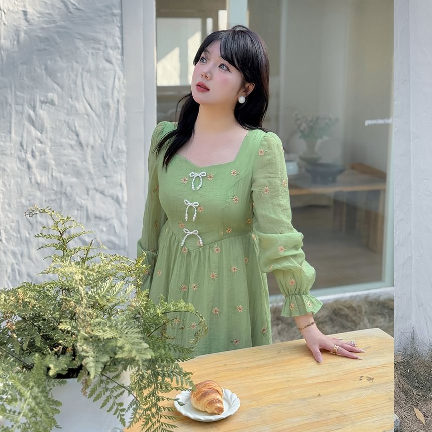 Plus Size Long Sleeve Square Neck Floral Embroidered Beaded Bow Midi A-Line Dress