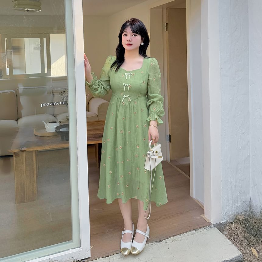 Plus Size Long Sleeve Square Neck Floral Embroidered Beaded Bow Midi A-Line Dress