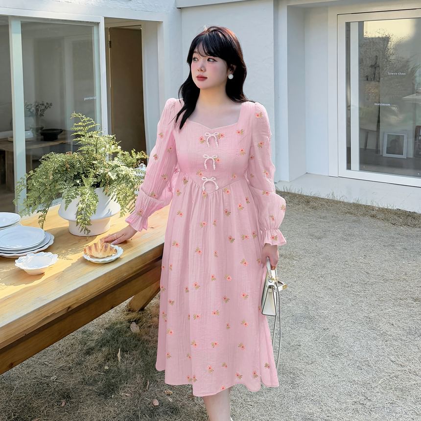 Plus Size Long Sleeve Square Neck Floral Embroidered Beaded Bow Midi A-Line Dress