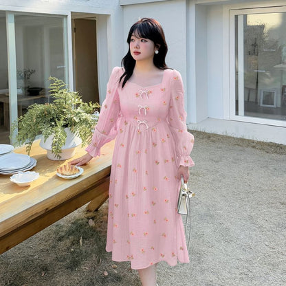 Plus Size Long Sleeve Square Neck Floral Embroidered Beaded Bow Midi A-Line Dress