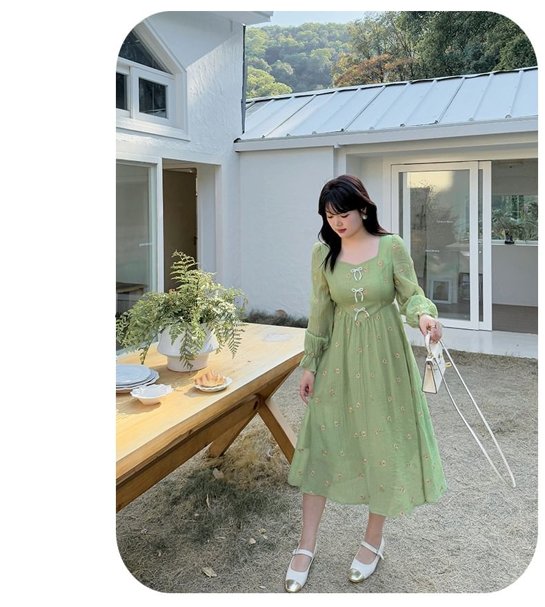 Plus Size Long Sleeve Square Neck Floral Embroidered Beaded Bow Midi A-Line Dress