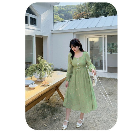 Plus Size Long Sleeve Square Neck Floral Embroidered Beaded Bow Midi A-Line Dress