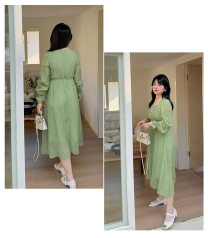 Plus Size Long Sleeve Square Neck Floral Embroidered Beaded Bow Midi A-Line Dress