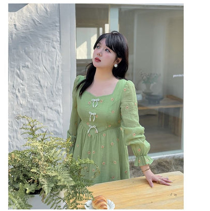 Plus Size Long Sleeve Square Neck Floral Embroidered Beaded Bow Midi A-Line Dress