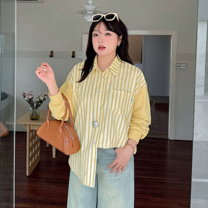 Plus Size Long Sleeve Collared Striped Panel Shirt