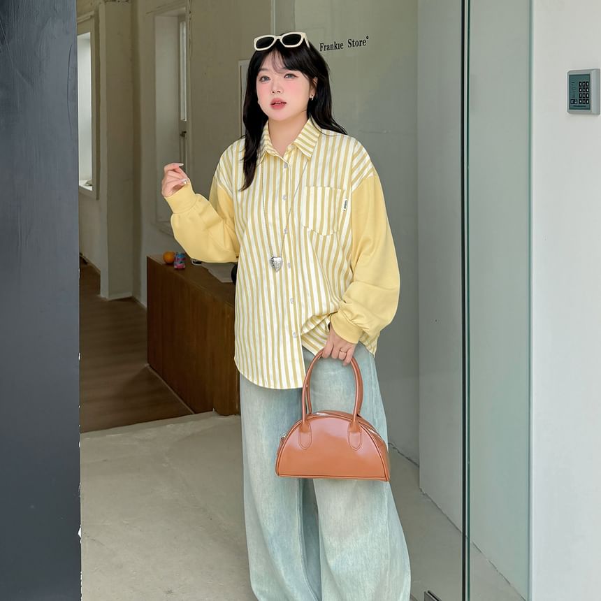 Plus Size Long Sleeve Collared Striped Panel Shirt